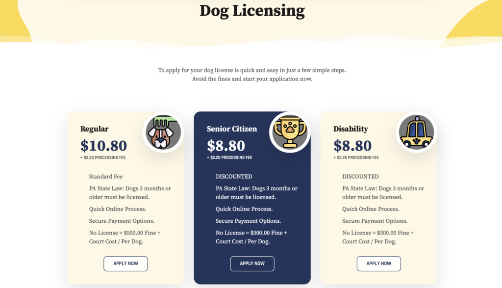 Screenshot of Online Dog Licensing Page